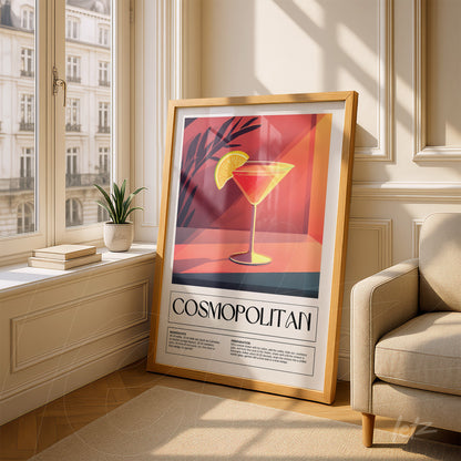 framed vintage art of cosmopolitan cocktail in light wood frame leaning on the floor with bright walls in background