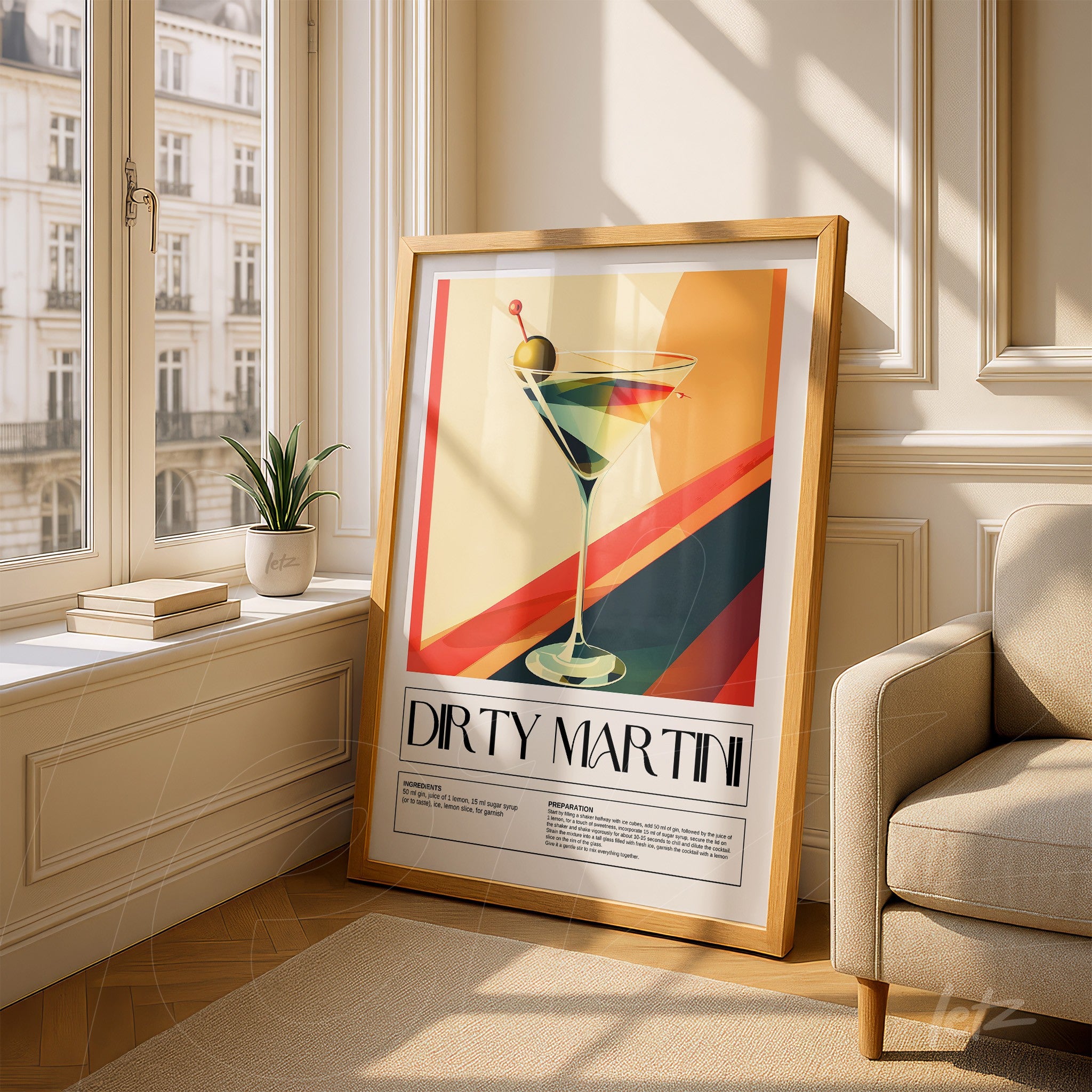 framed retro art of dirty martini in light wood frame displayed in a bright setting next to a potted plant