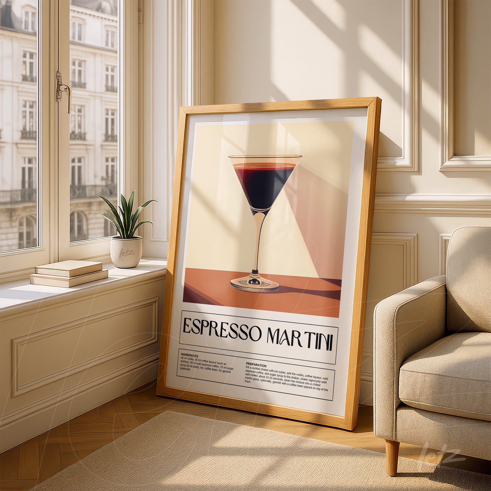 modern style framed artwork of espresso martini drink in light wooden frame leaning beside a window with natural light