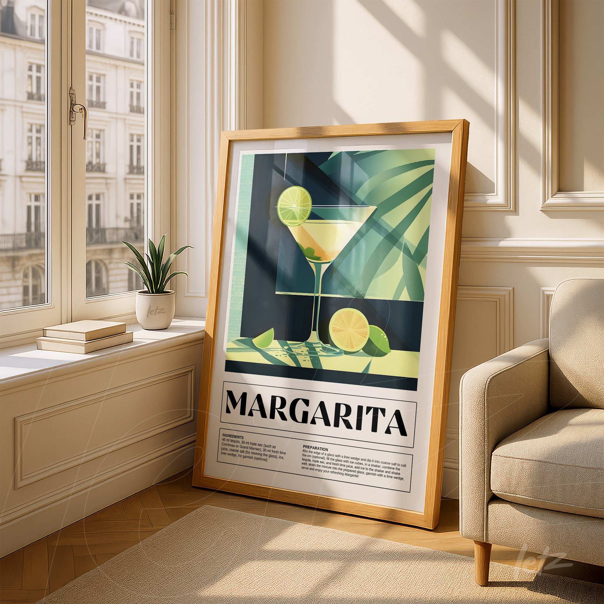 framed wall art featuring margarita cocktail with light wood frame and tropical background