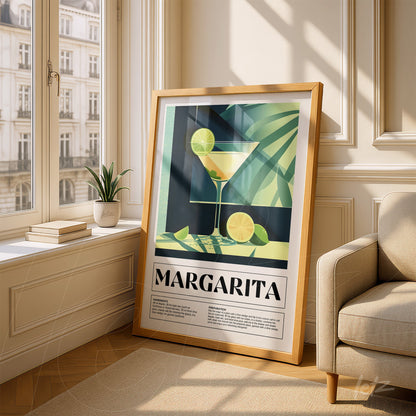 framed wall art featuring margarita cocktail with light wood frame and tropical background