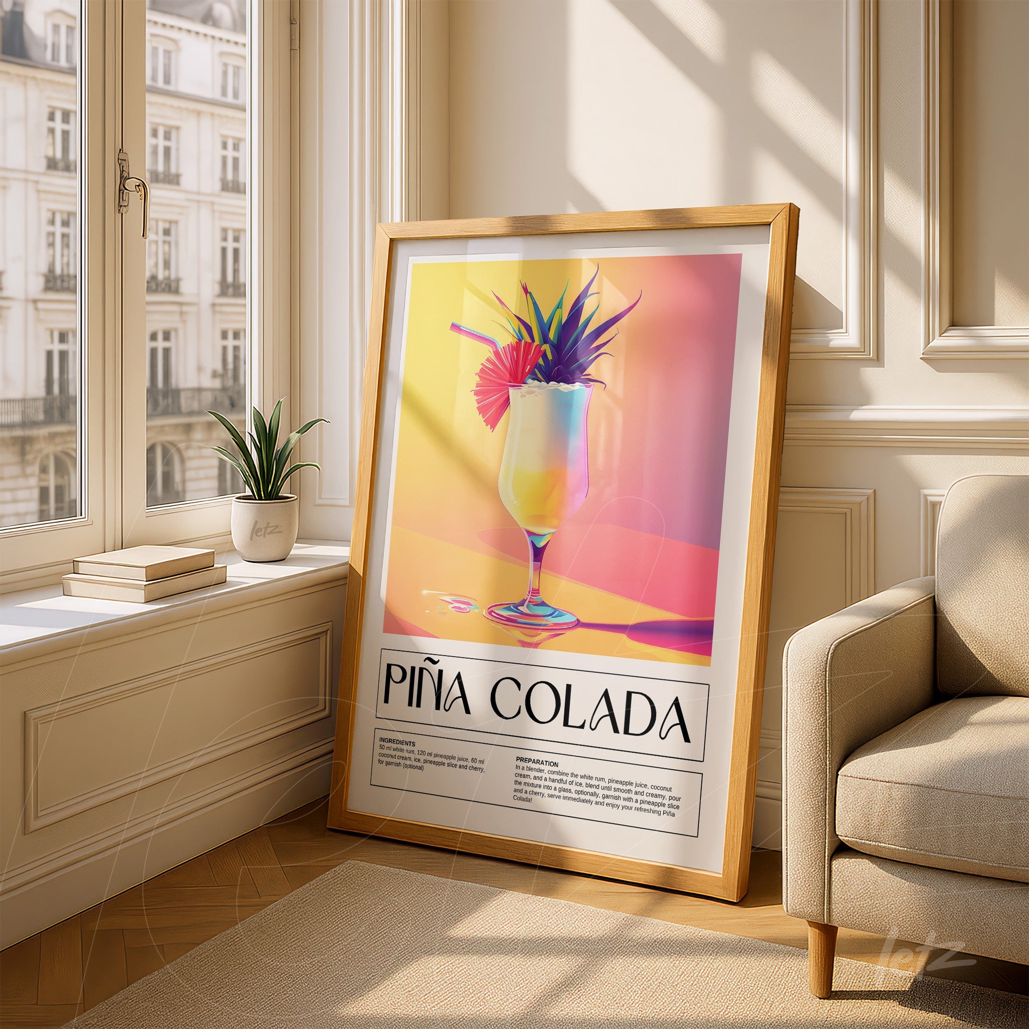 framed retro art of piña colada drink with light wood frame