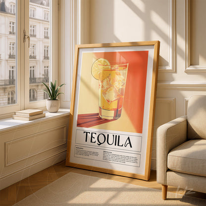 framed wall art featuring a tequila drink illustration, displayed in a bright room with light-colored wall and beige furniture