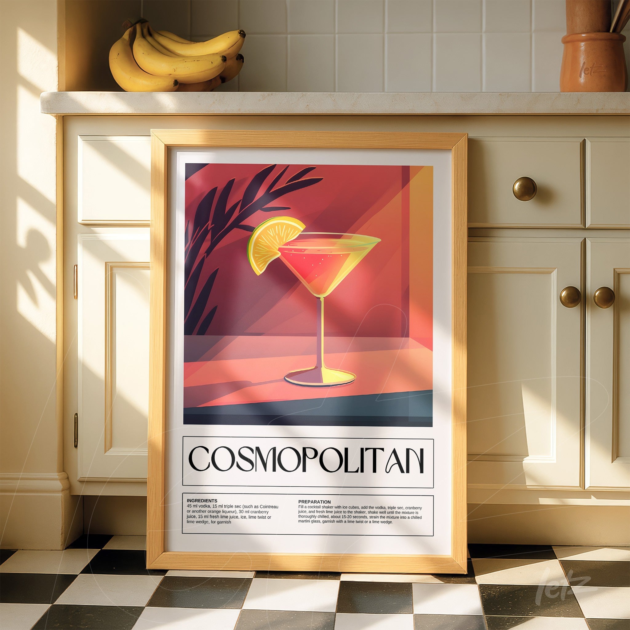 framed digital art of cosmopolitan cocktail with a light frame and colorful background