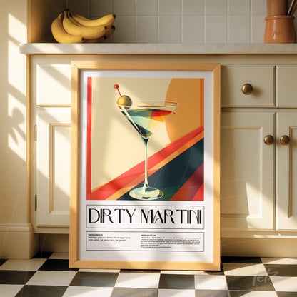 retro style framed artwork of dirty martini cocktail with light wood frame