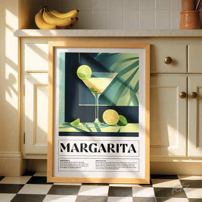 framed artwork featuring a margarita cocktail with a green background, limes and tropical leaves