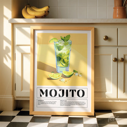 framed digital art of mojito cocktail with light wood frame displayed next to bananas on kitchen countertop