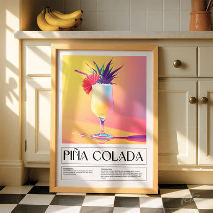 framed wall art featuring vibrant illustration of piña colada with light wood frame on checkerboard floor