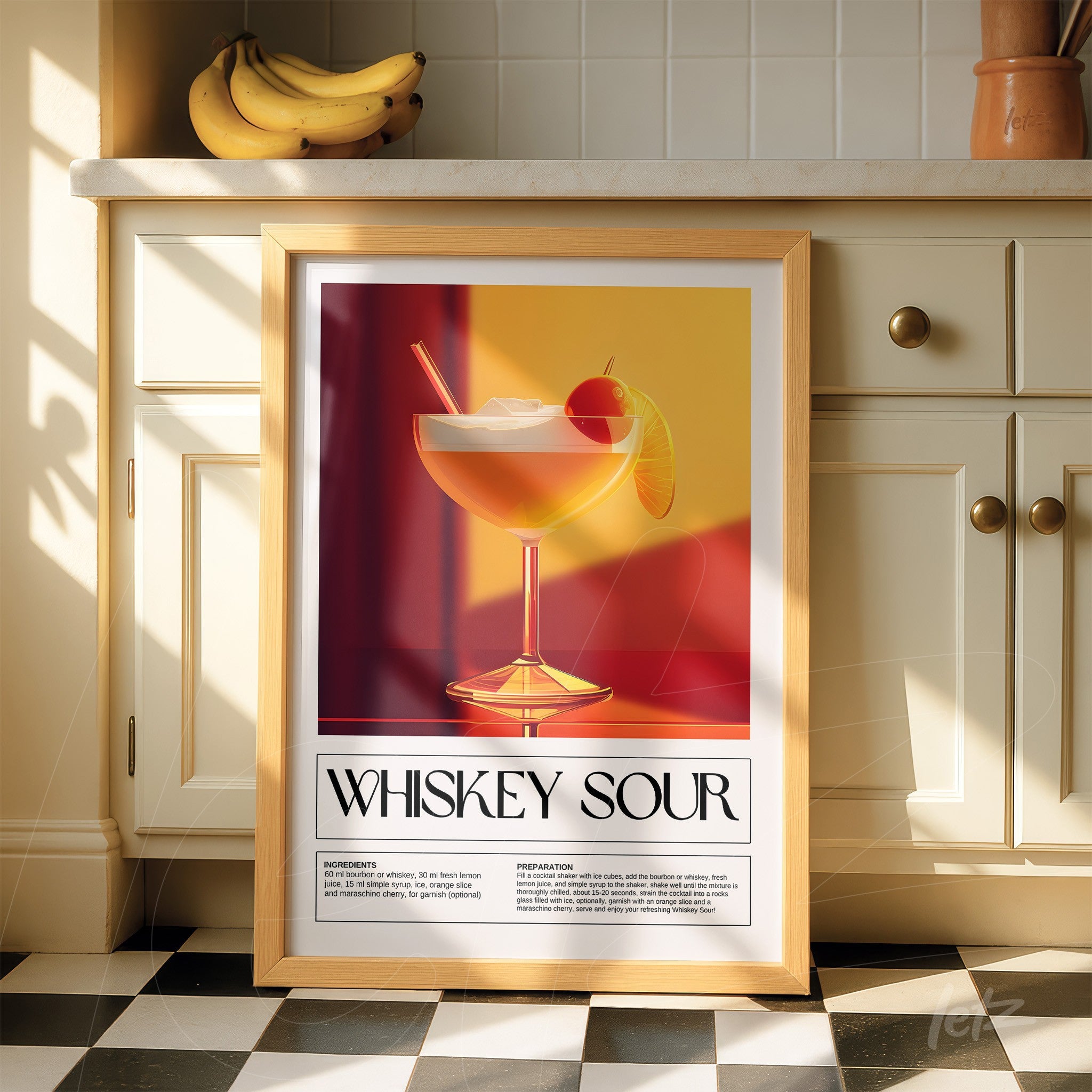 modern framed artwork of whiskey sour cocktail with light wood frame