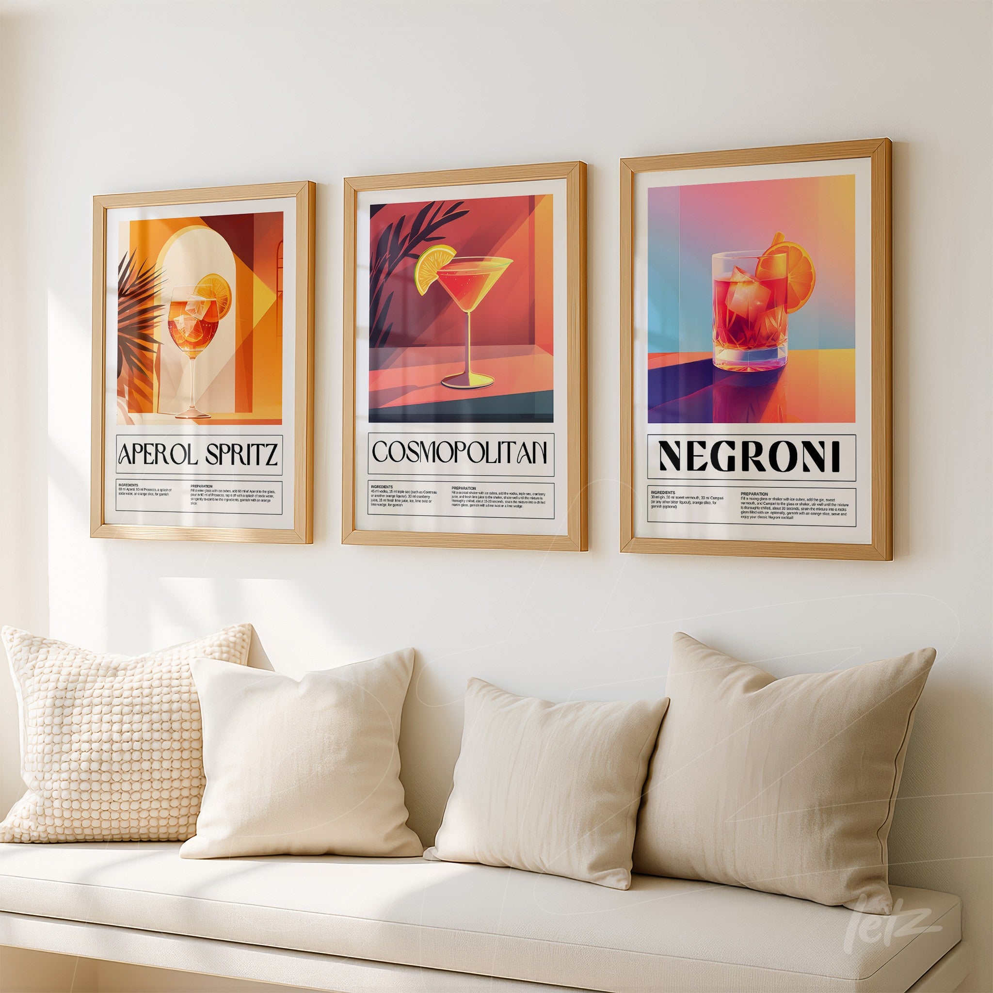 composition with three framed wall arts of cocktails in gold frames featuring colorful illustrations of aperol spritz, cosmopolitan, and negroni on a light wall