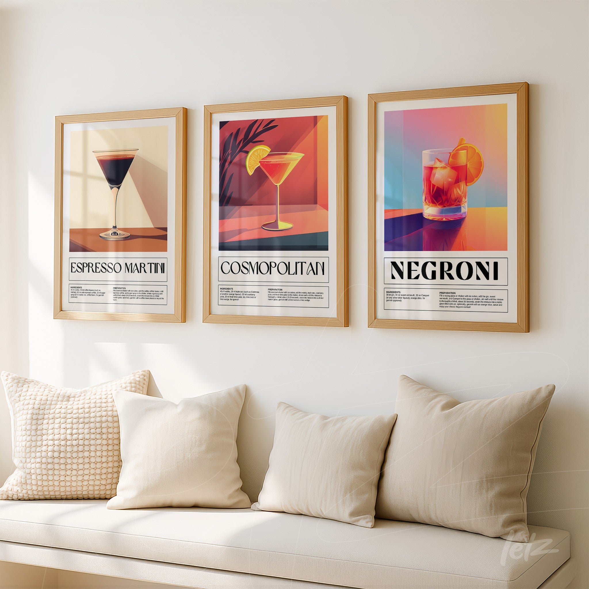 collection of three framed wall arts featuring cocktails, including espresso martini, cosmopolitan, and negroni against a light wall
