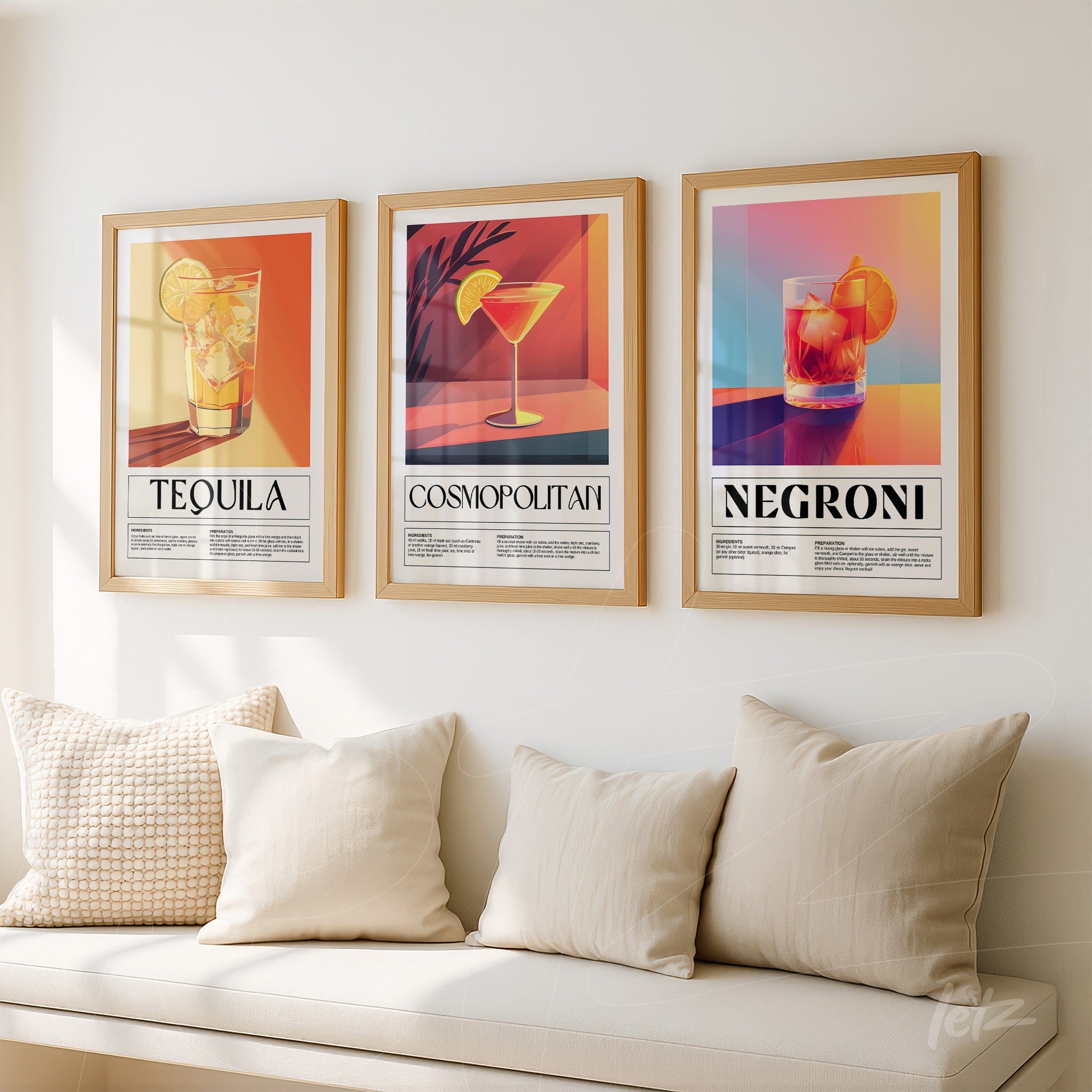 composition of three framed vintage cocktail artworks in gold frames, featuring colorful backgrounds and descriptive text beneath each drink