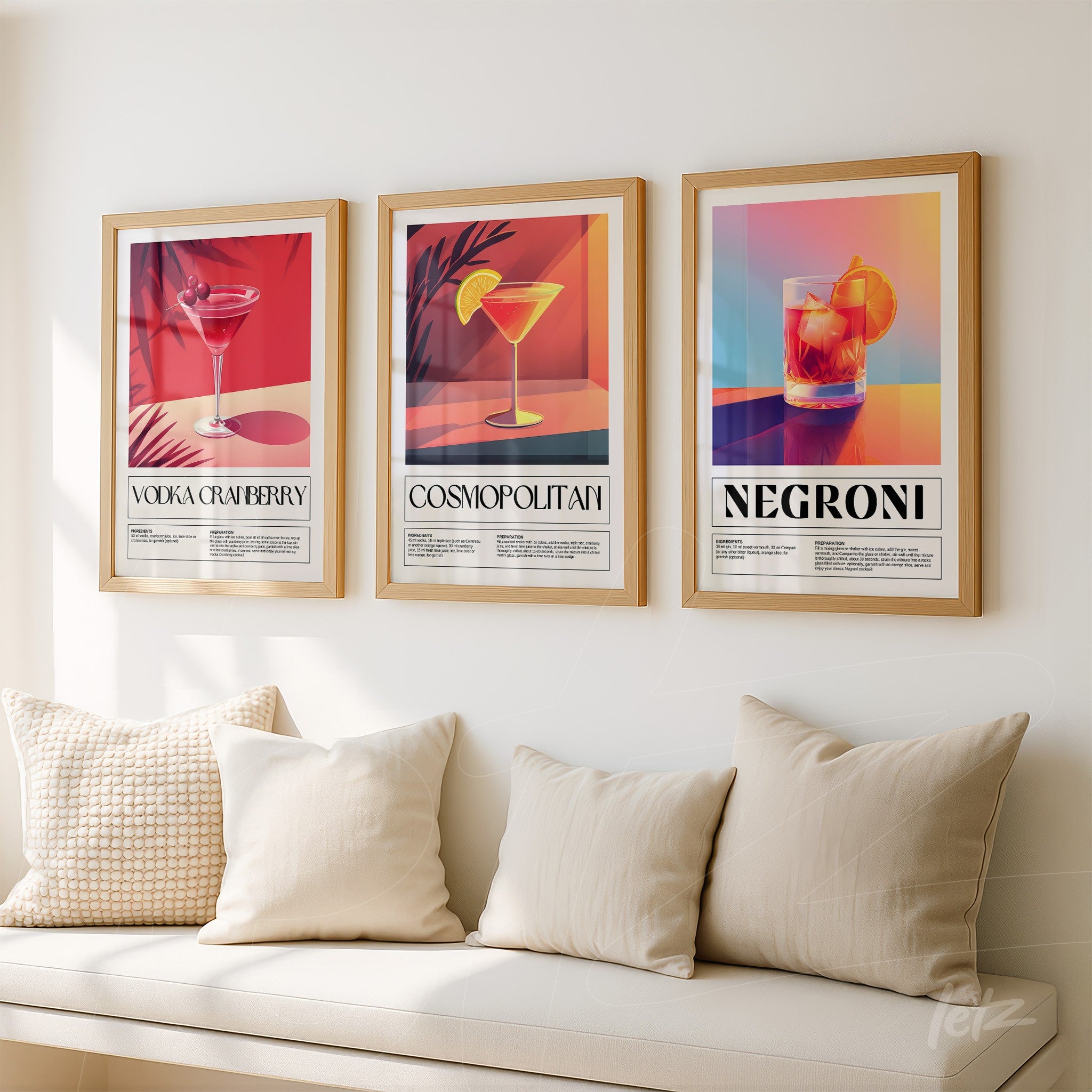 collection of three decorative framed art prints featuring cocktails with modern typography and gold frames
