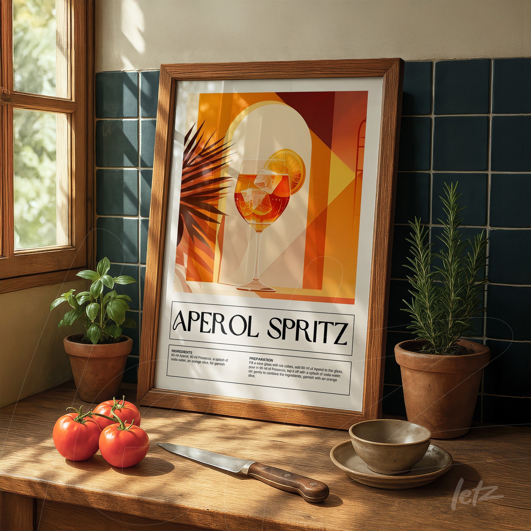 framed art print featuring an aperol spritz illustration displayed in a kitchen setting with tomatoes and herbs in pots