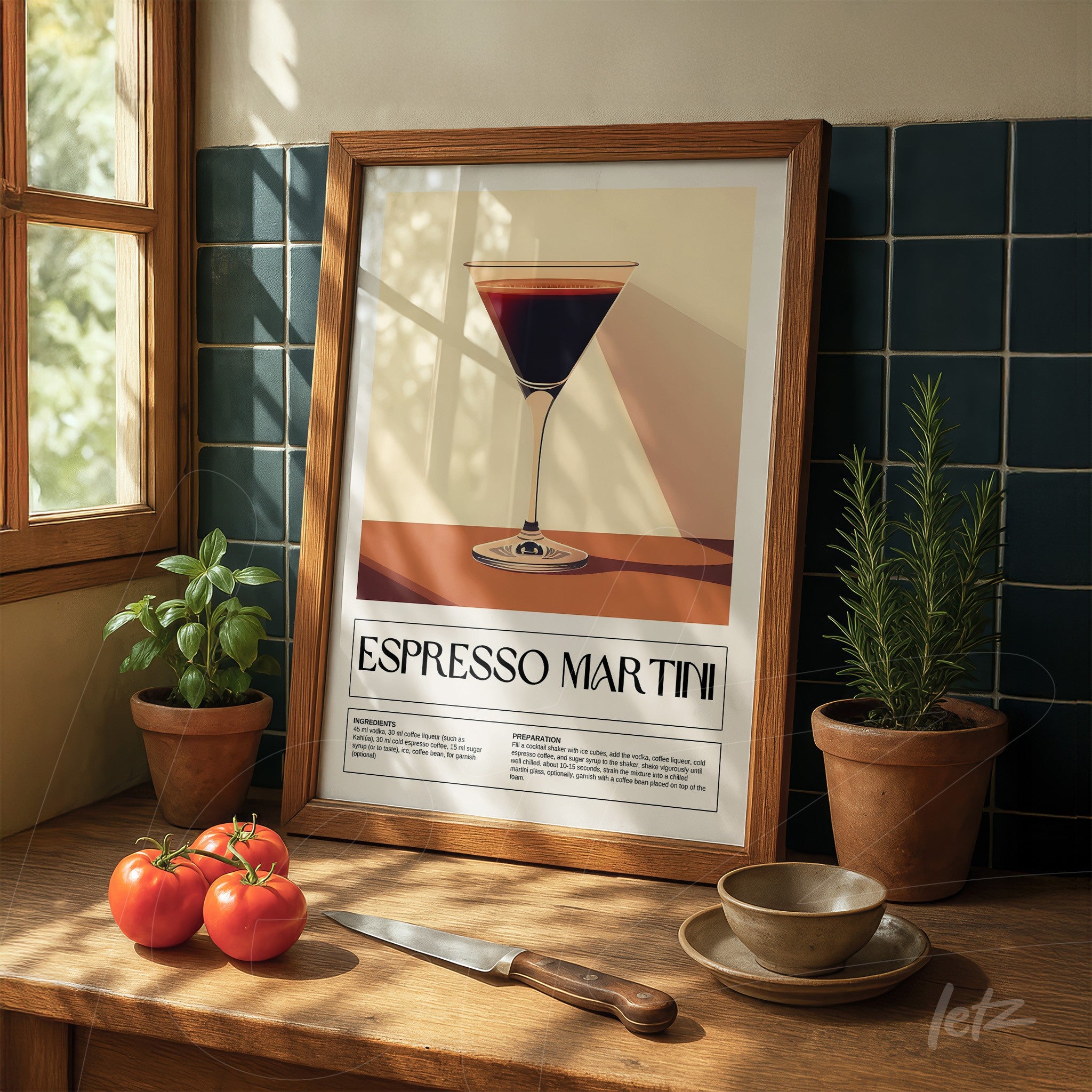 framed modern art print of espresso martini in light wood frame with blue background and decorative elements on the table