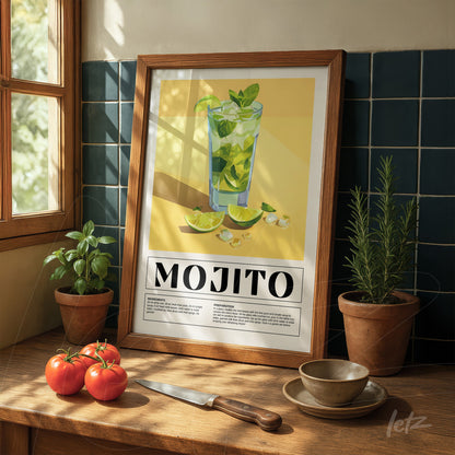 framed retro art print of a mojito cocktail on wooden table with tomatoes and herb pots