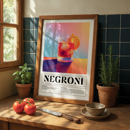framed digital art of negroni cocktail displayed on a wooden table with fresh tomatoes