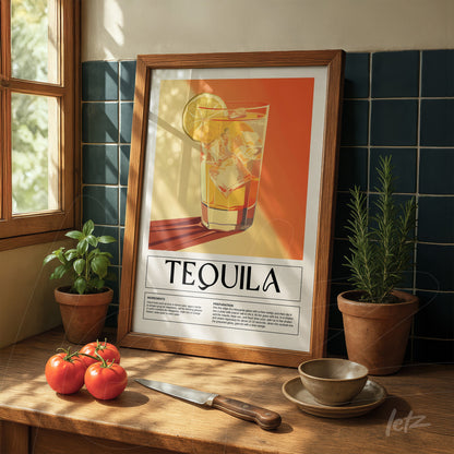 framed wall art featuring tequila drink illustration with light wood frame displayed on a wooden table alongside fresh tomatoes and a potted plant