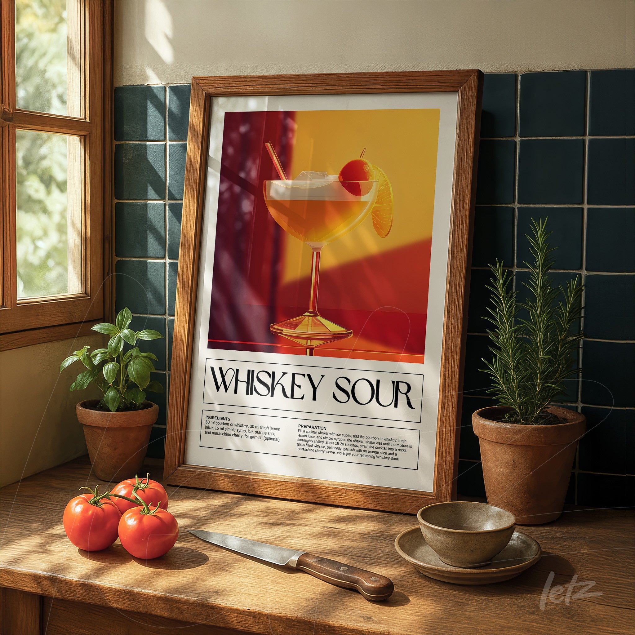 retro style framed art of whiskey sour cocktail with light wood frame displayed on wooden table alongside fresh tomatoes and herb plants in clay pots