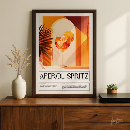 retro style framed art of aperol spritz cocktail with dark frame