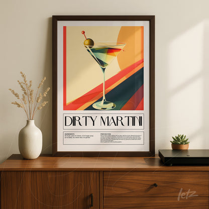 framed art print of dirty martini cocktail with colorful background