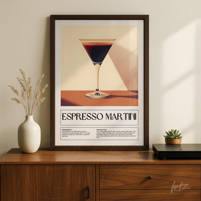 framed wall art featuring espresso martini cocktail illustration with dark frame and neutral background