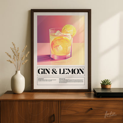 modern art print of gin and lemon cocktail in dark frame