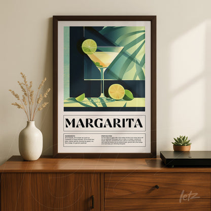modern wall art featuring margarita cocktail with graphic elements and dark frame