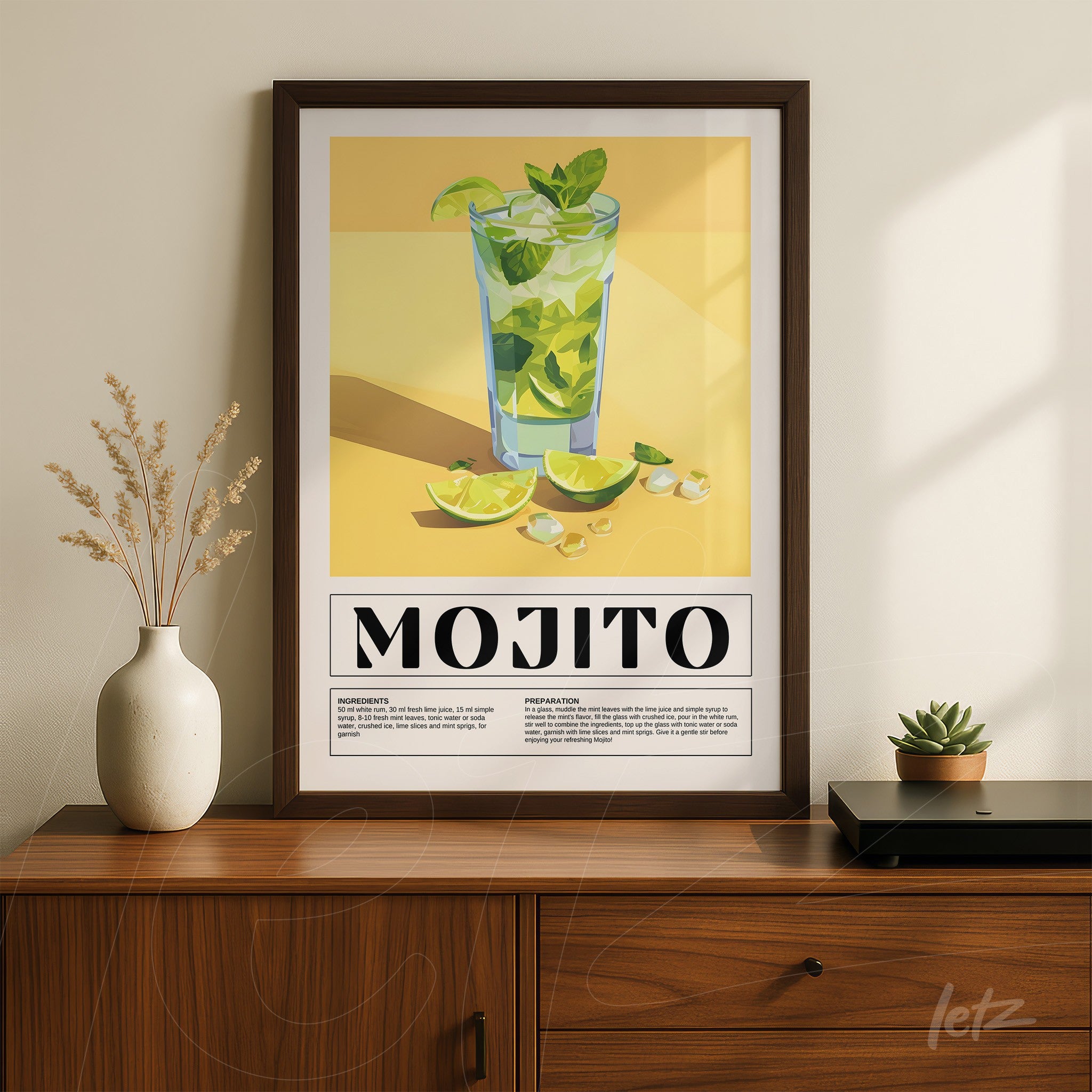 framed artwork of mojito cocktail illustration with brown frame, featuring yellow background and limes around the glass