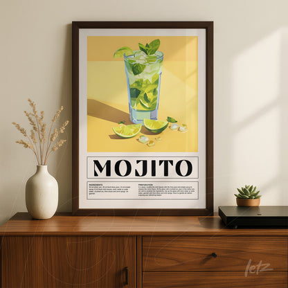 framed artwork of mojito cocktail illustration with brown frame, featuring yellow background and limes around the glass