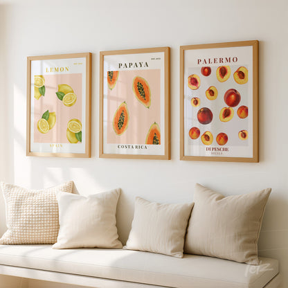 composition of decorative wall art featuring tropical fruits such as lemons, papayas, and peaches in light wood frames displayed on a light wall