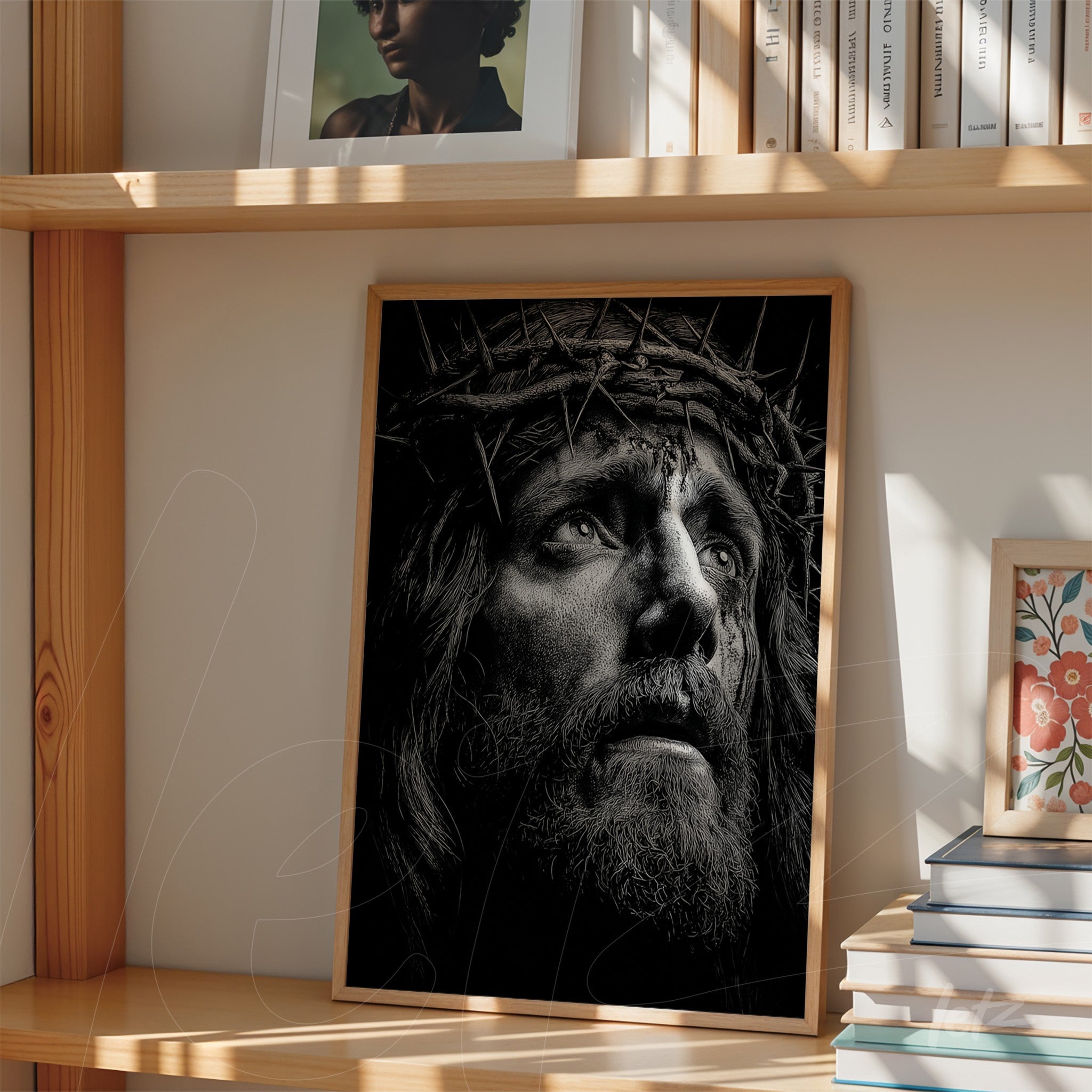 framed black and white portrait of an intense expression with a crown of thorns in light wood frame