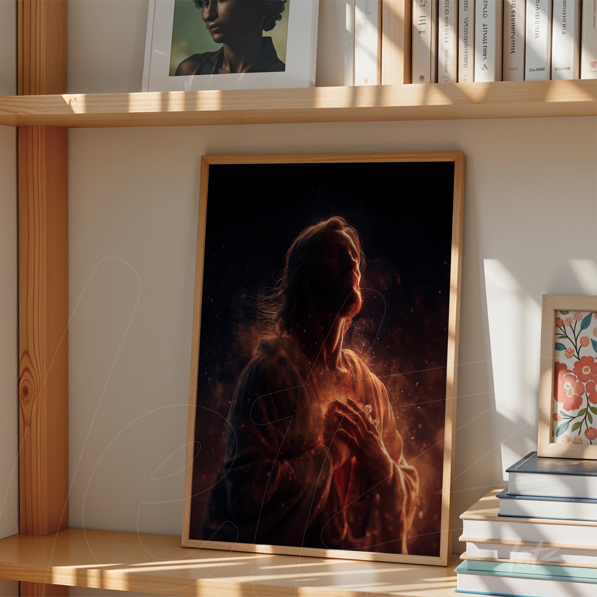 framed religious art depicting a male figure in warm glowing tones with light wood frame displayed on wooden shelf