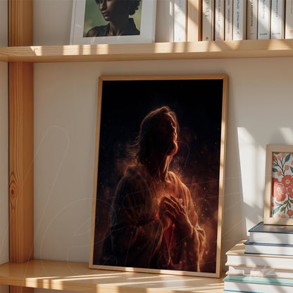 framed religious art depicting a male figure in warm glowing tones with light wood frame displayed on wooden shelf