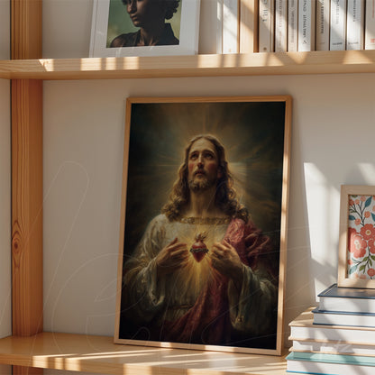 framed art of Jesus with sacred heart in light wood frame