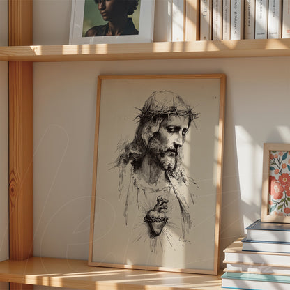 framed wall art of serene jesus christ illustration displayed on a wooden shelf beside books
