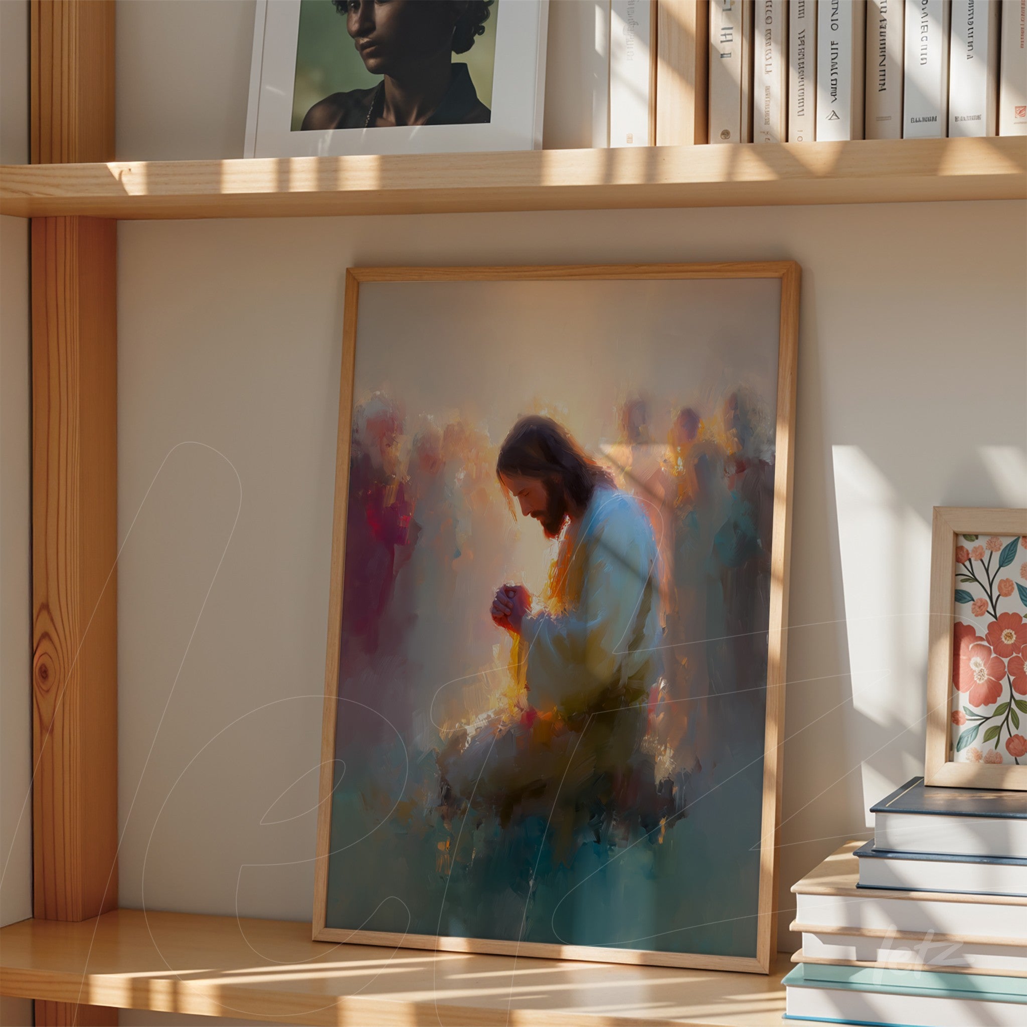 framed artwork depicting a religious figure in prayer with a soft background of colorful tones and light wood frame displayed on a wooden shelf