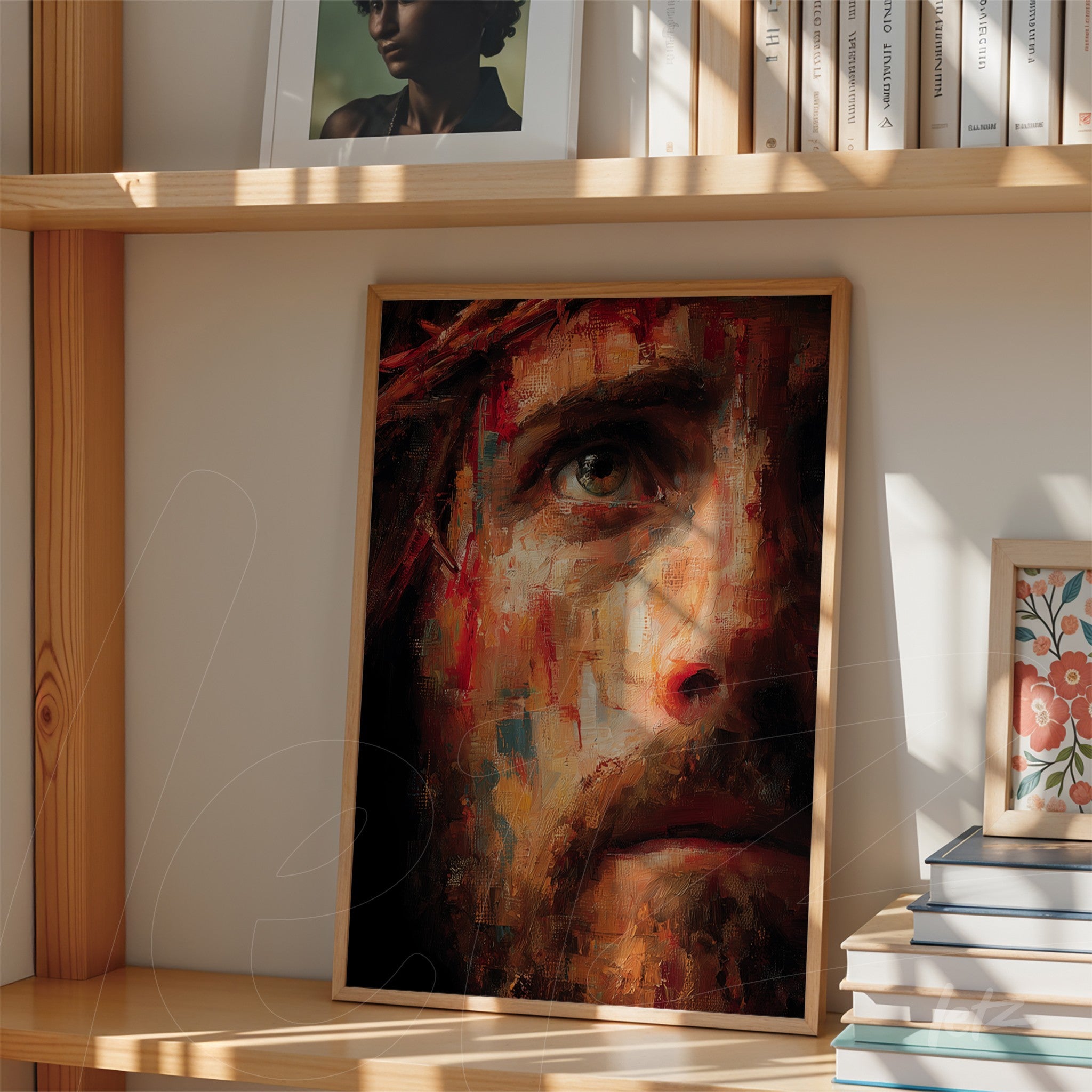 framed portrait artwork of a man with expressive details and brushstroke texture