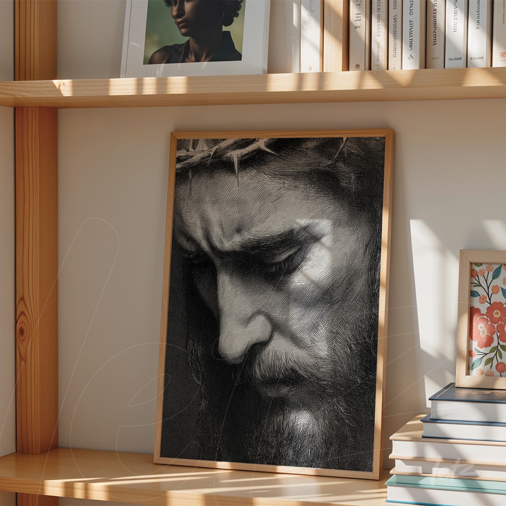 framed black and white portrait of a man in deep thought with light wood frame displayed on a shelf next to books