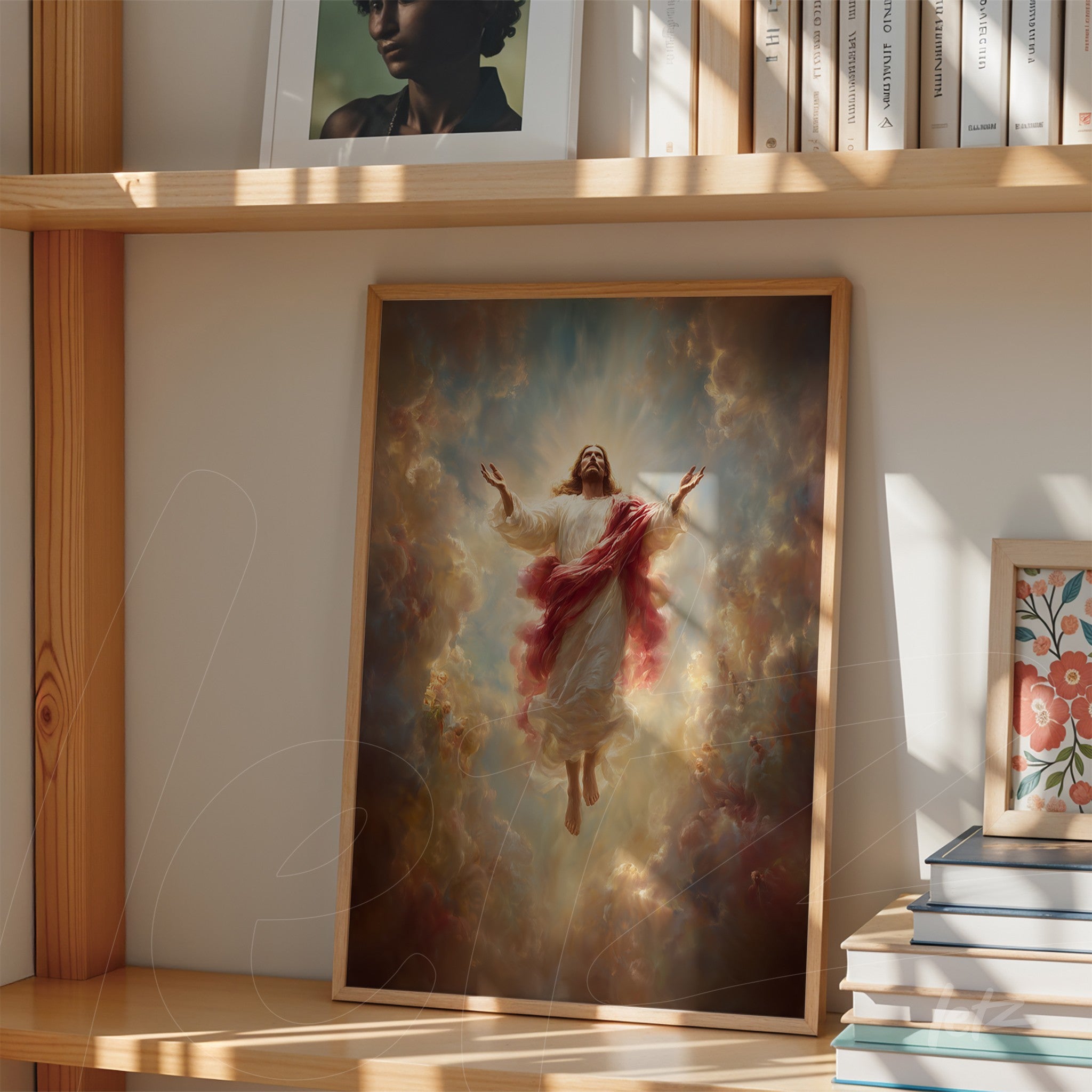 framed artwork of a celestial figure in an elevated pose with a radiant halo surrounded by soft clouds