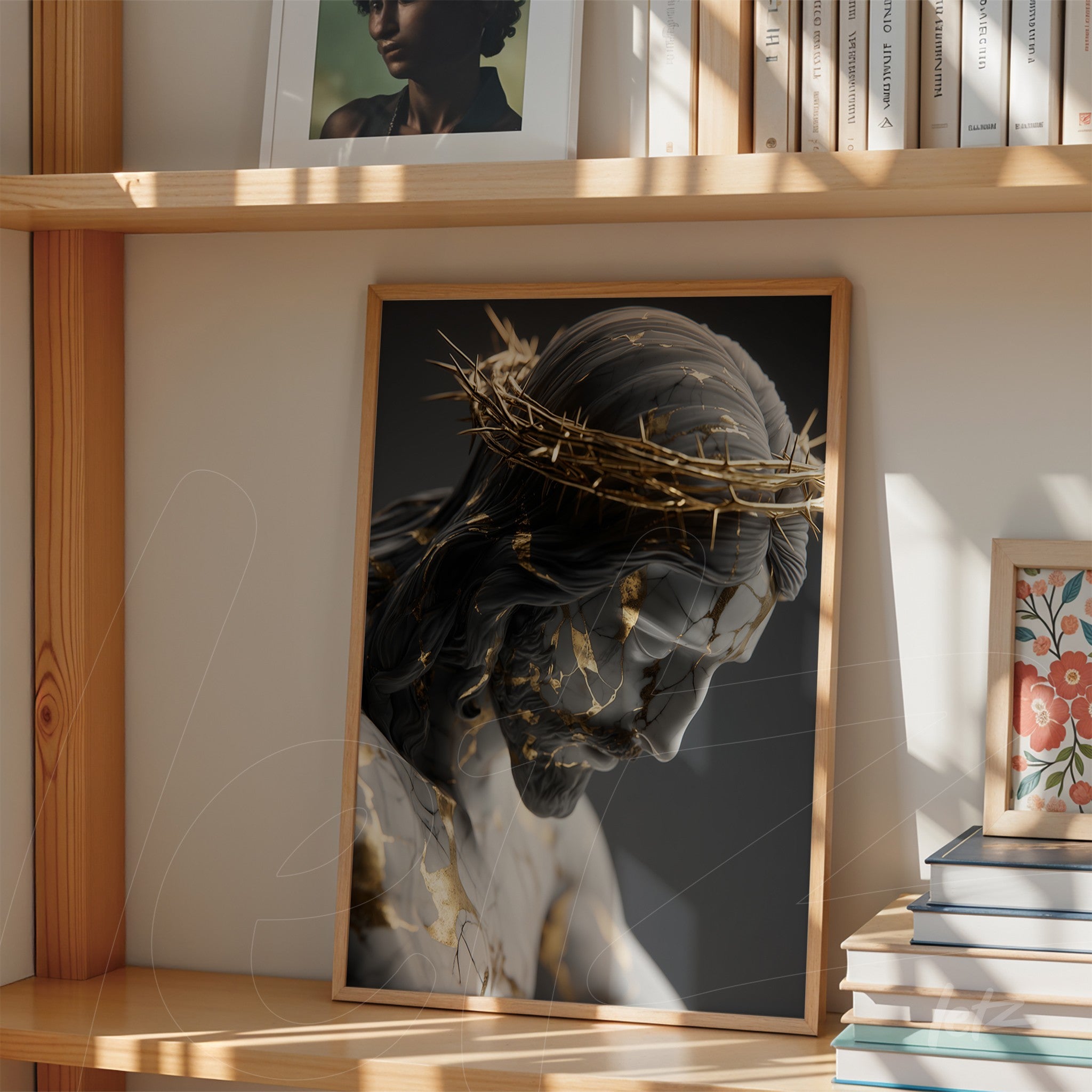 framed art piece of jesus with a crown of thorns in light wood frame featuring digital illustration with dark background and gold accents