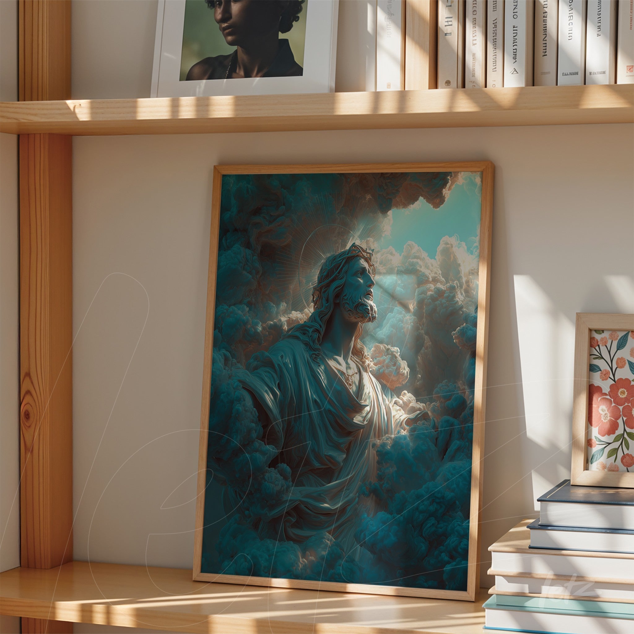 surreal framed art of a female figure emerging from clouds with light wooden frame