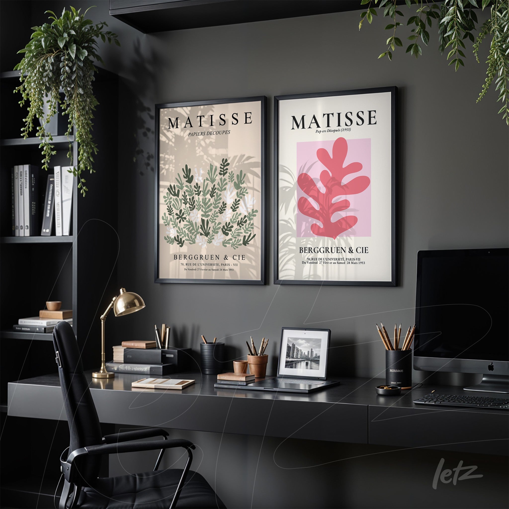 collection of two framed artworks inspired by Matisse, one featuring green plants and the other with pink foliage, displayed on a dark wall