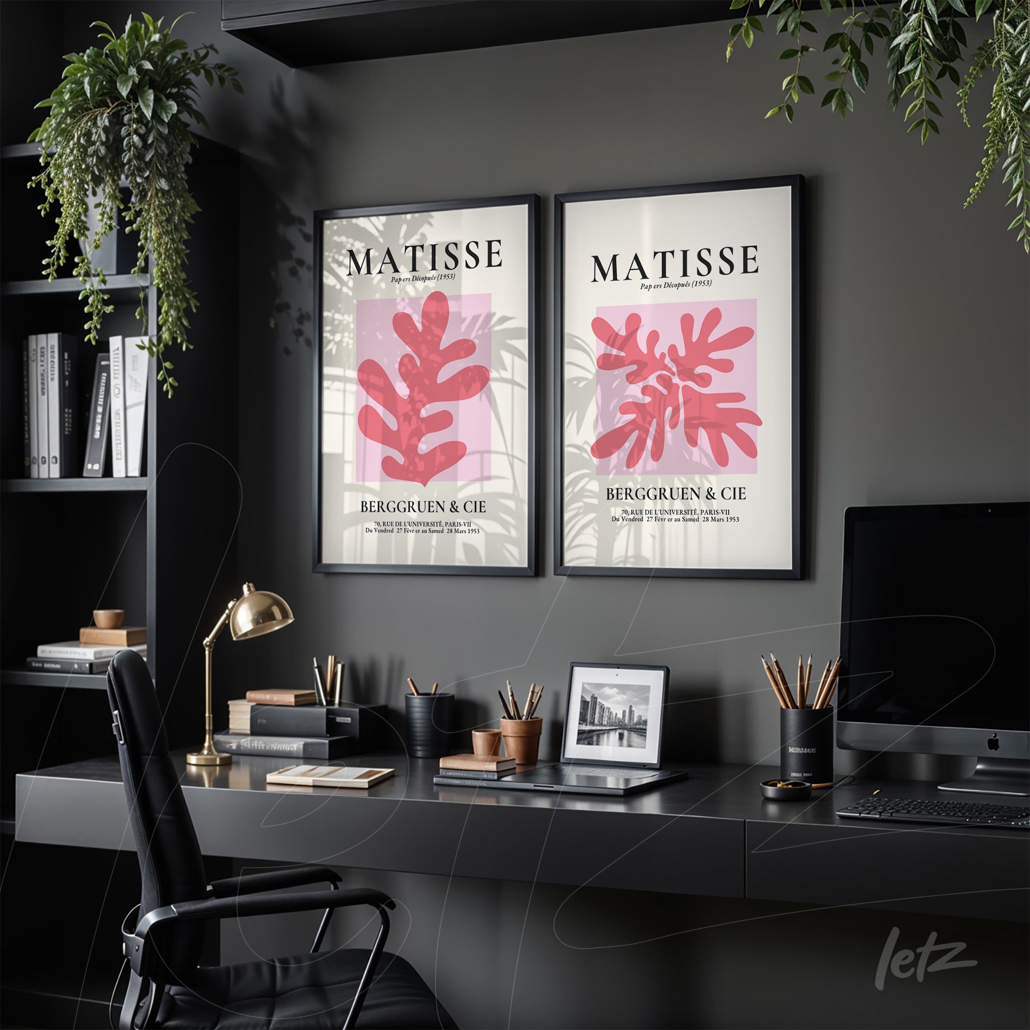 collection of framed abstract art inspired by Matisse in black frame displayed in a modern setting with dark shelves and hanging plants