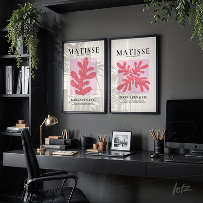 collection of framed abstract art inspired by Matisse in black frame displayed in a modern setting with dark shelves and hanging plants