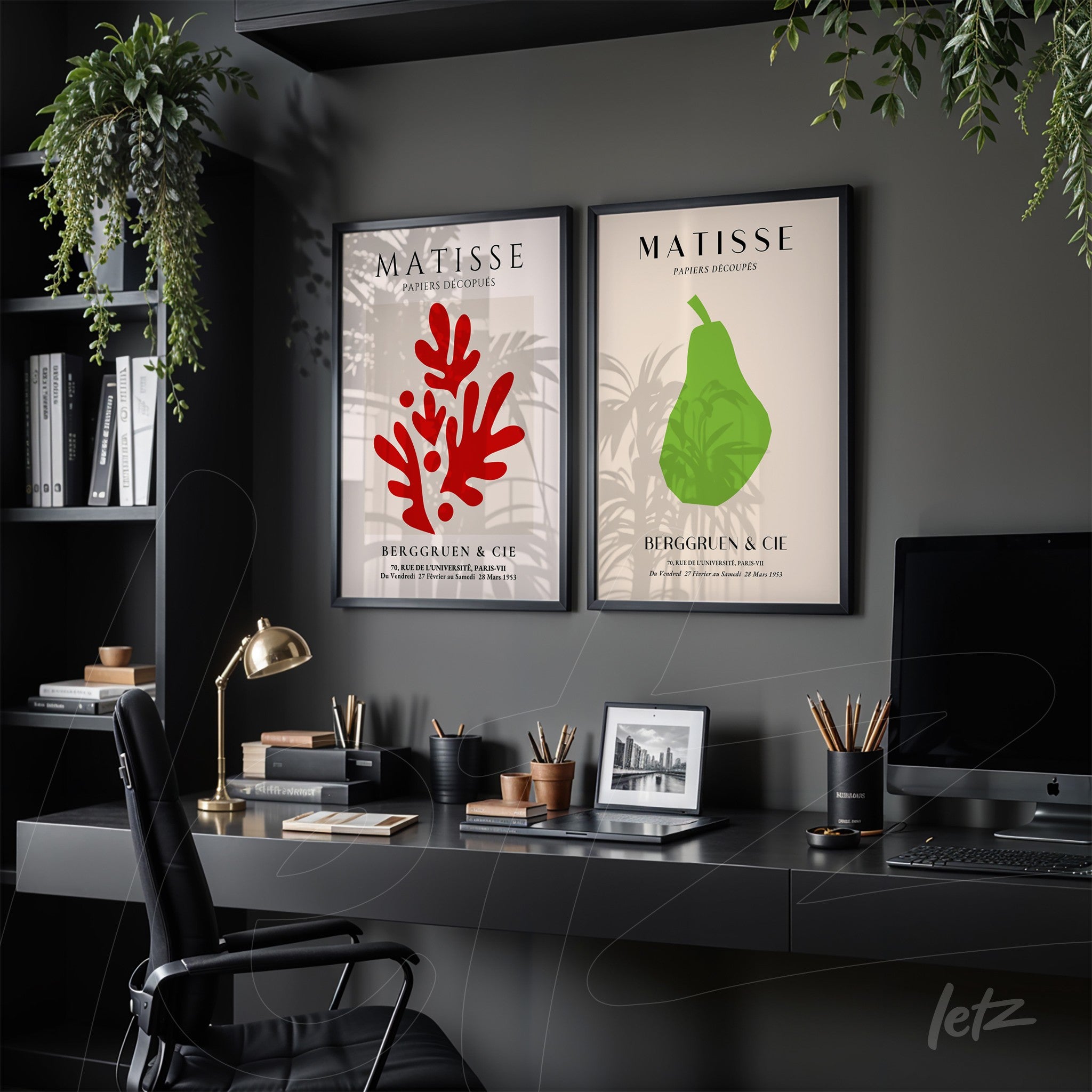 set of framed wall art featuring red and green leaf illustrations with a light background