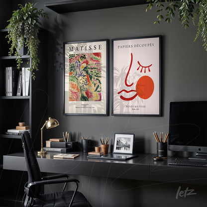 framed wall art composition featuring Matisse's vibrant artwork in black frame on dark wall, showcasing bold colors and stylized shapes