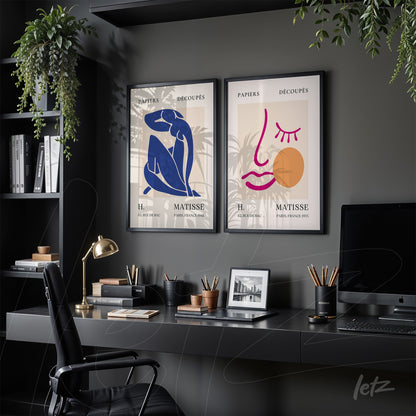 composition of two framed modern art prints in black frames, one featuring a blue female figure and the other a simplified pink face on a beige background