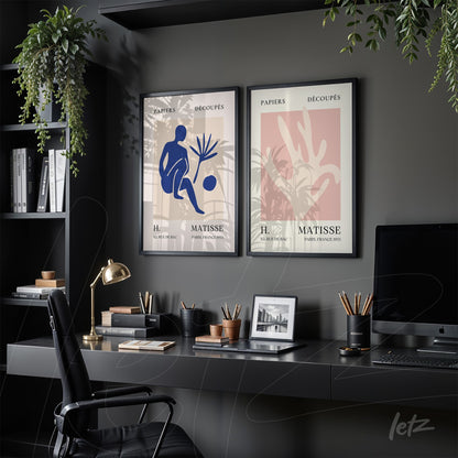 composition of two framed artworks inspired by matisse with black frames displayed against a dark gray wall