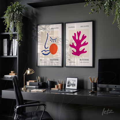 composition of framed wall art featuring abstract illustrations in black frames, showcasing organic shapes on light backgrounds